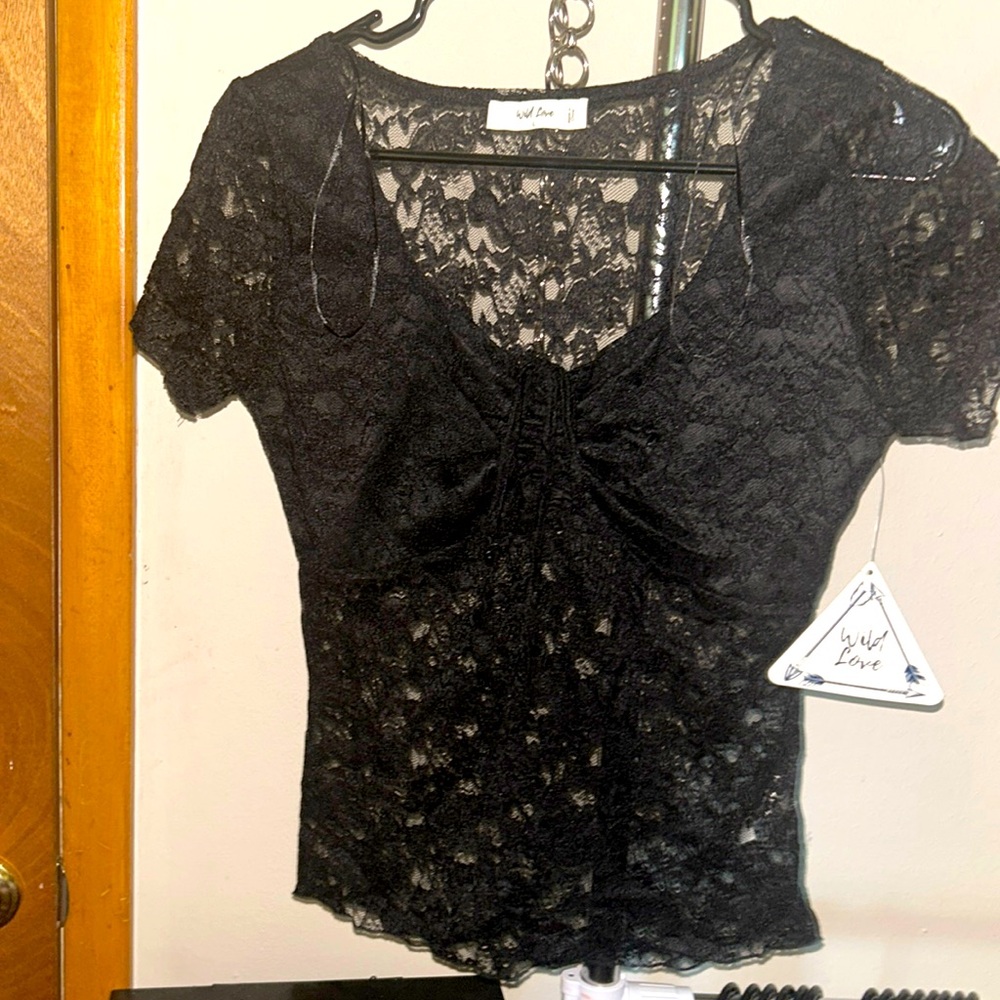 Black Lacey Short Sleeve Tee Crop Tank Blouse y2k McBling grunge top emo goth